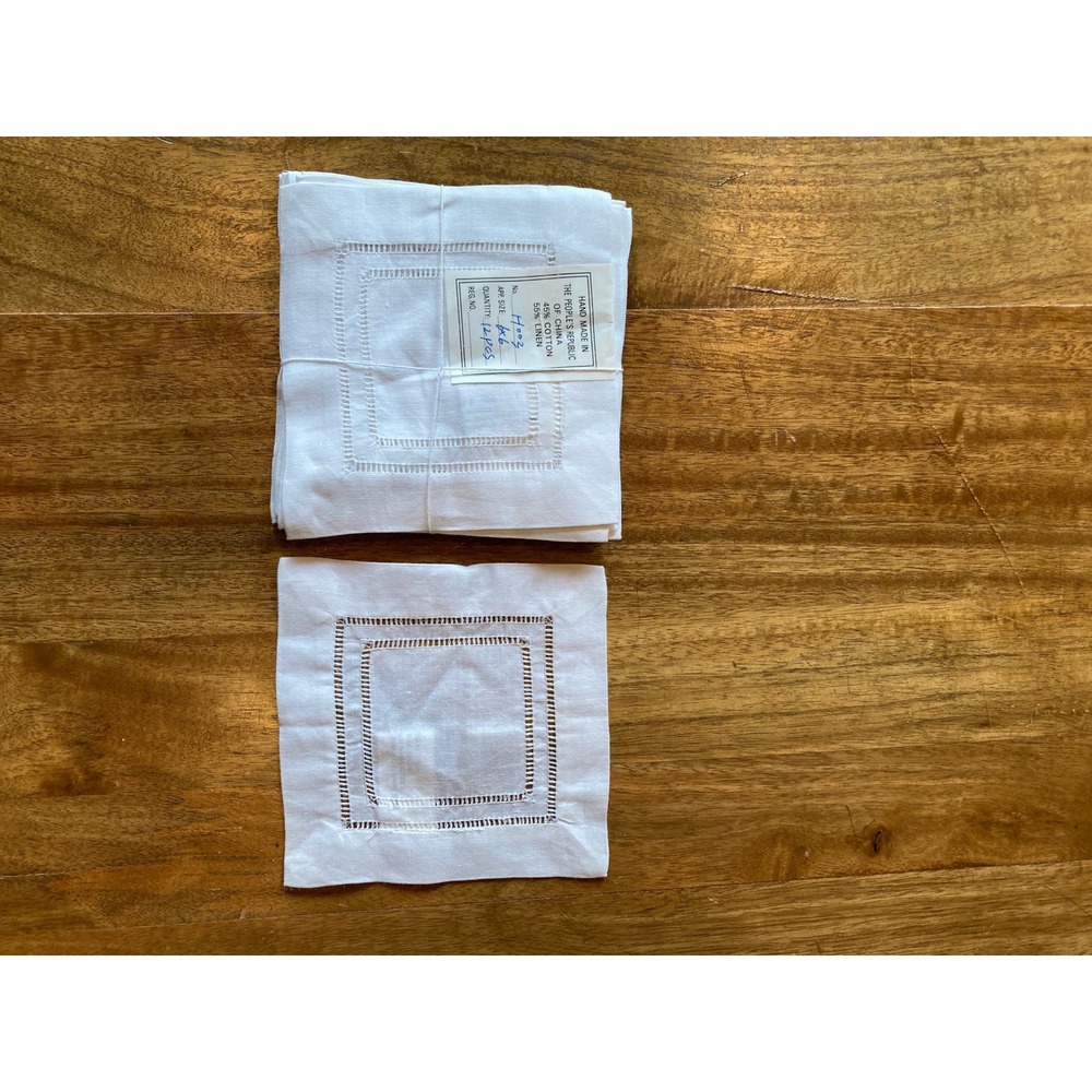 Peking Handicrafts‎ White Linen Cotton Hemstitch Cocktail Napkins Set of 12 6x6